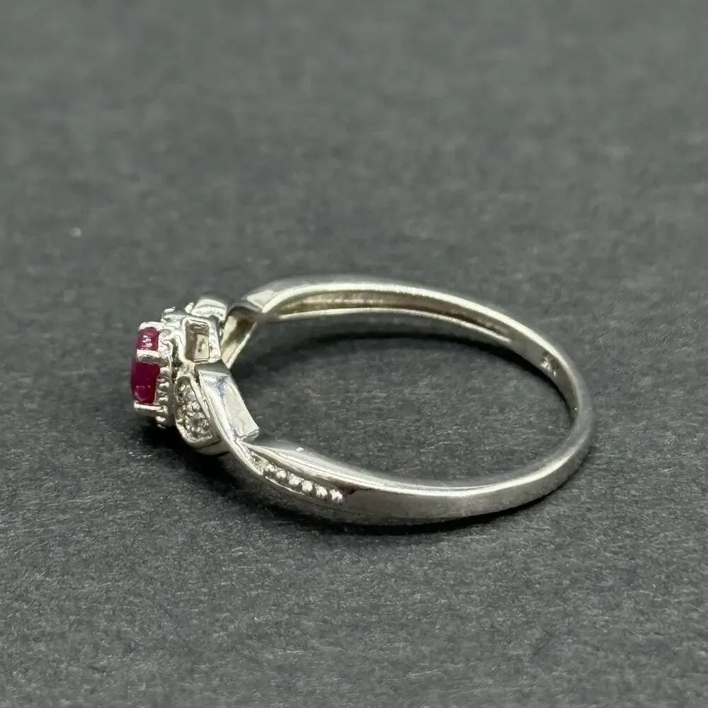 Signed STS 925 Sterling Silver Oval Ruby White Topaz Heart Accent Ring Size 9